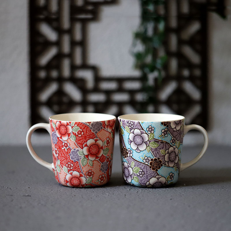 日本进口强化轻量瓷杯子田园风办公室茶杯有手柄咖啡杯单杯花朵杯