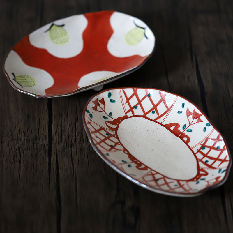 赤绘寿司盘陶瓷家用椭圆复古菜盘