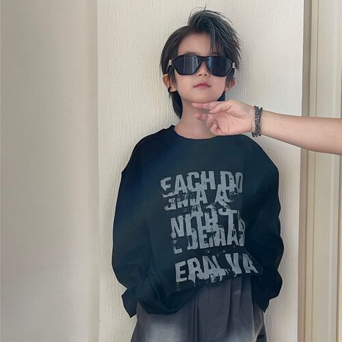 bora秋款儿童基础长袖T恤 潮款磨破毛边插肩男女童纯棉洋气打底衫