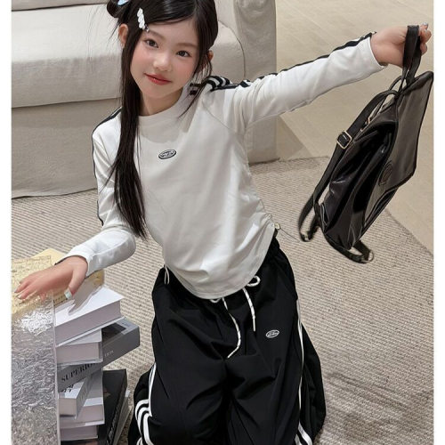 波拉bora韩系女中大童短款长袖打底衫秋季儿童洋气拉条休闲裤子潮