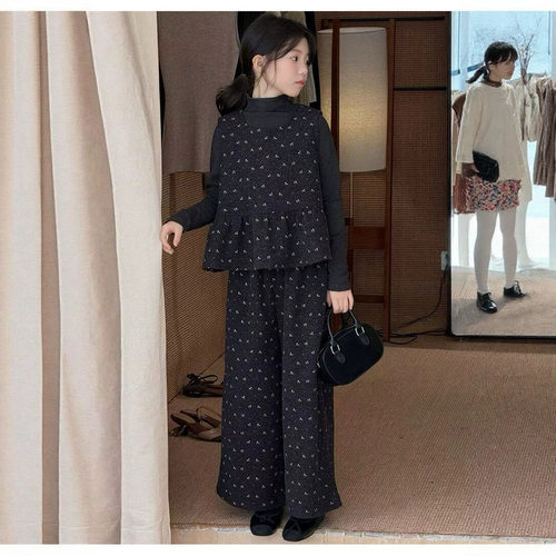 拉bora韩系女中大童高领长袖打底衫秋季新儿童洋气碎花马甲裤子套