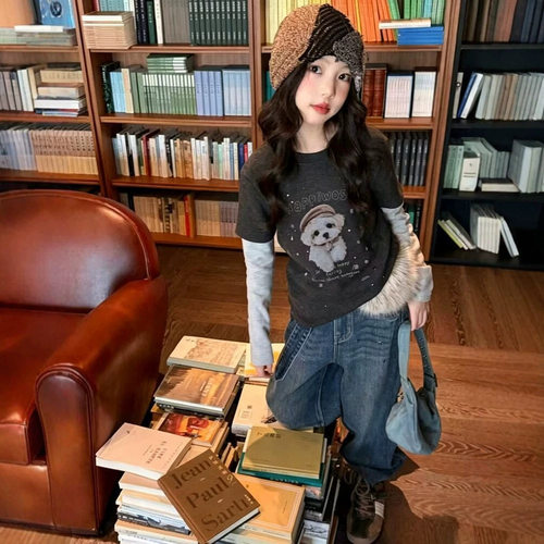波拉bora韩系女中大童假两件卡通修身长袖打底衫秋季儿童洋气上衣