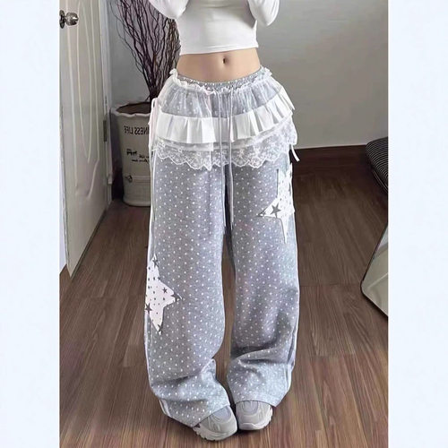 波拉bora星星贴布设计感波点休闲直筒裤子女秋季可爱垂感阔腿长裤