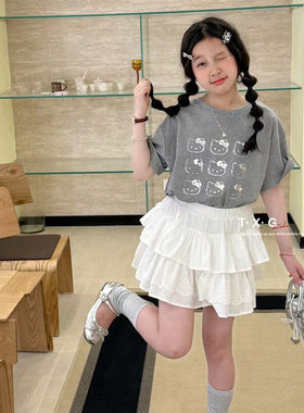 波拉实体店儿童装夏季中大女孩甜美短袖T恤蕾丝花边半身裙子套装