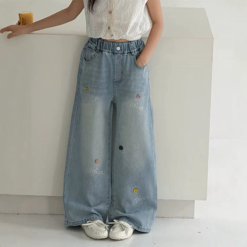 波拉bora韩版女中大童花朵牛仔阔腿裤秋季儿童洋气牛仔裤子潮