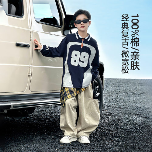 波拉bora男童浅秋纯棉POLO衫秋季中大童韩版宽松印花上衣