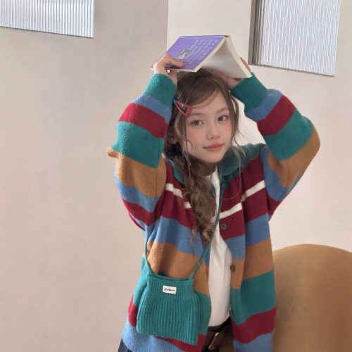 波拉bora韩系女中大童彩虹条纹宽松开衫毛衣外套秋季儿童洋气毛衣