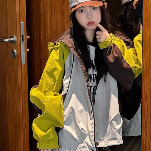 波拉bora韩系女童潮流拼色冲锋衣春秋中大童甜美秋装女孩夹克外套