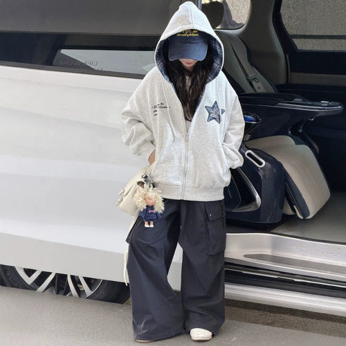 波拉bora女童外套春秋洋气女大童连帽卫衣夹克宽松休闲棒球服上衣