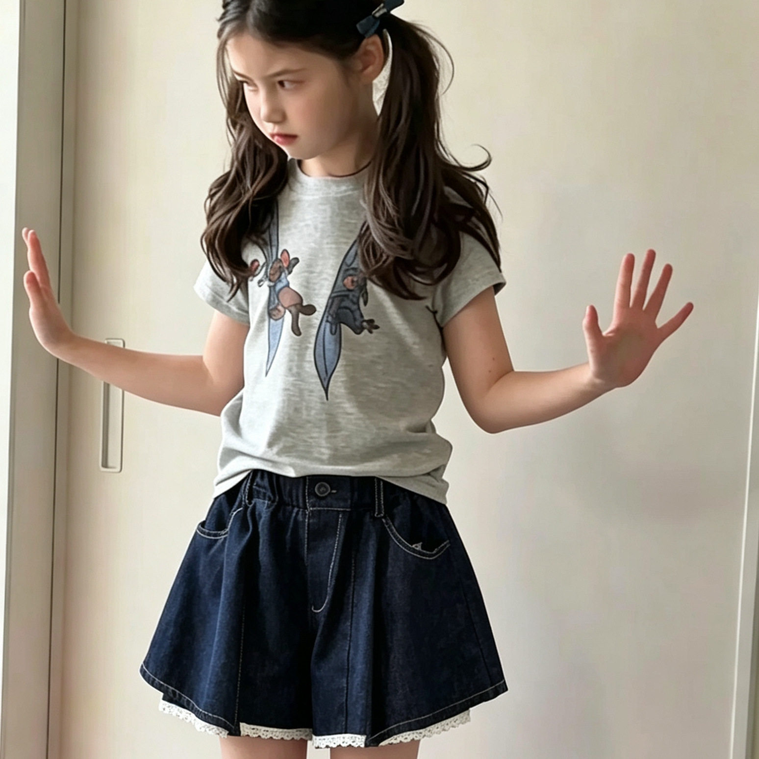 波拉实体店儿童装夏季上衣中大童女孩短袖短款T恤牛仔半裙短裙裤