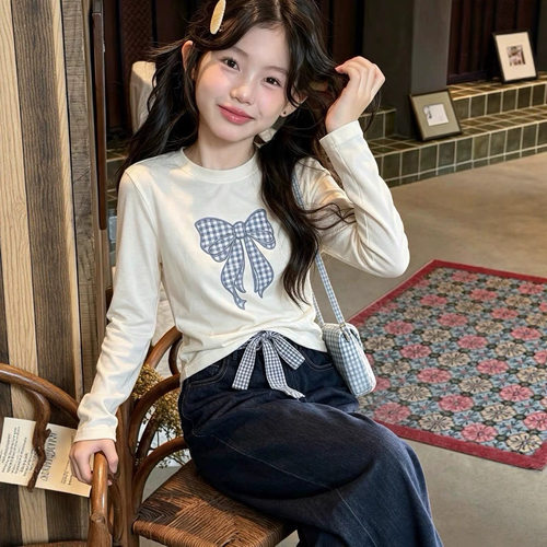 波拉bora韩系女童长袖T恤秋季儿童秋装刺绣修身中大童打底上衣t潮