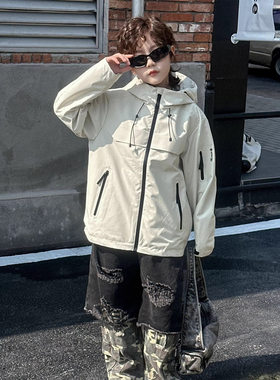 儿童冲锋衣春秋防风外套男女童露营徒步宽袖休闲单衣连帽外套上衣