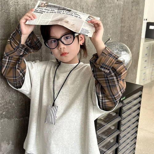 bora春款儿童假两件打底衫 格纹袖拼接手工画漆男女童洋气长袖潮