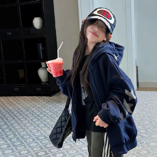 波拉bora韩系女中大童连帽宽松外套秋季儿童洋气短款外套潮