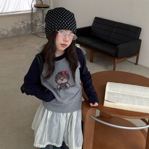 波拉bora韩系女中大童卡通插肩袖长袖T恤衫秋季儿童洋气打底衫潮