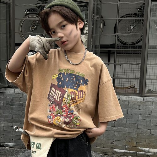 bora春夏款儿童短袖美式复古炒雪花磨破M豆电脑喷绘男女童半袖T恤