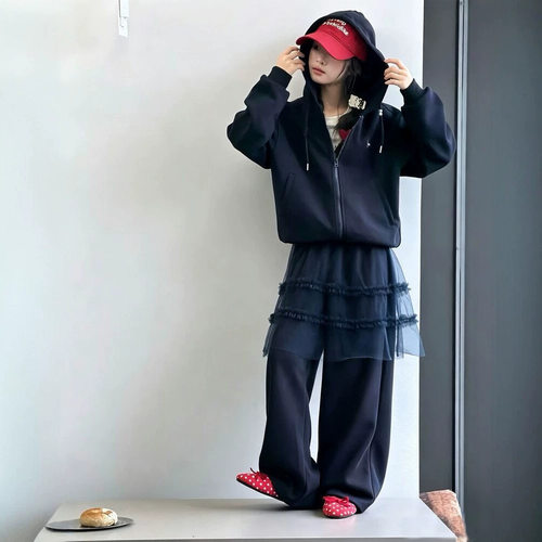 波拉bora韩版女中大童时髦假两件网纱拼接休闲裙裤秋季卫衣套装潮