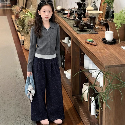 波拉bora韩系女中大童假两件针织上衣秋季儿童洋气碎花阔腿裤潮