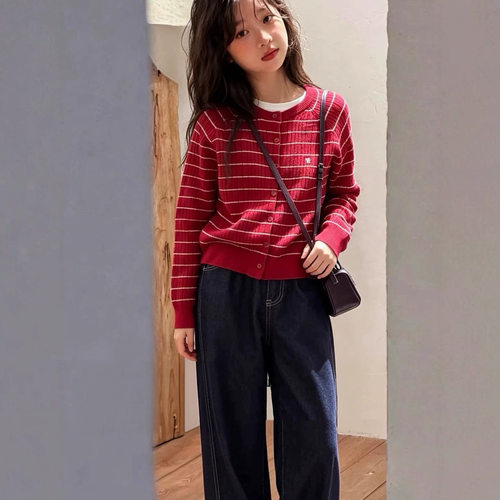 波拉bora韩系女中大童条纹毛衣针织小开衫女显瘦初秋长袖上衣潮