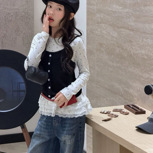 bora韩系女中大童假两件正肩短袖t恤女秋季芭蕾风修身波点上衣潮