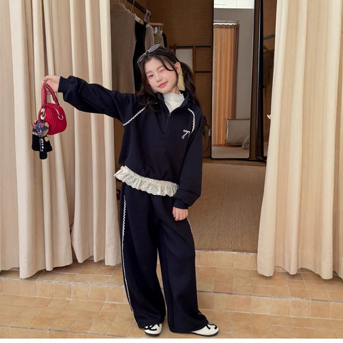 波拉bora女童假两件套装儿童卫衣阔腿裤两件套运动休闲洋气秋装