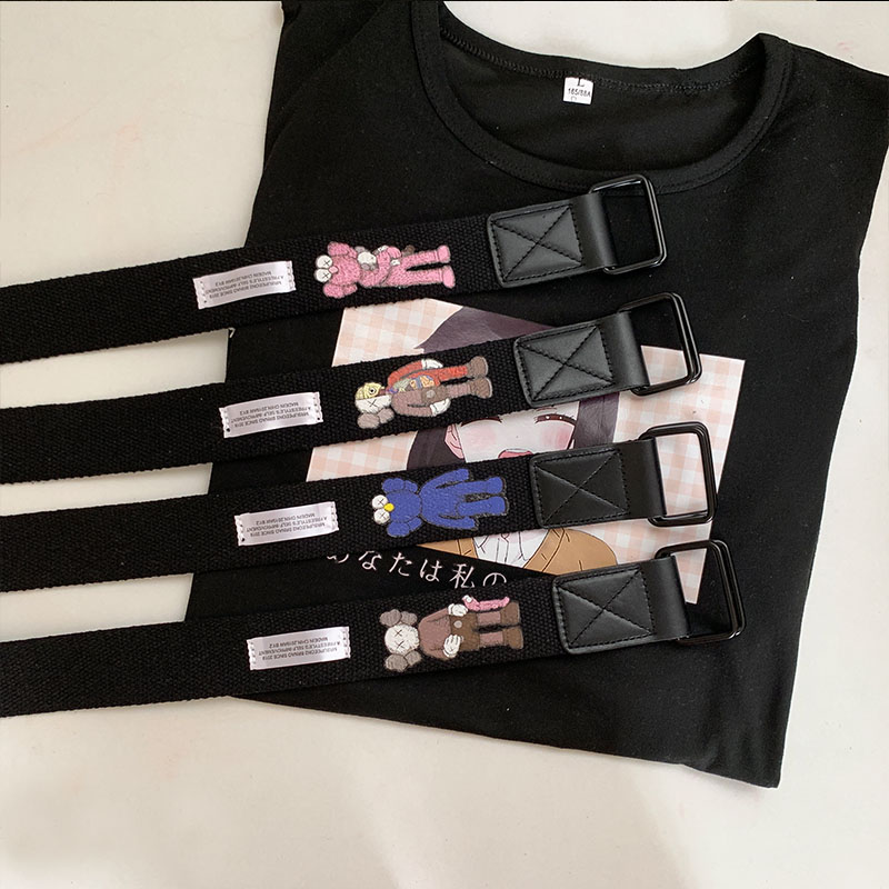 百搭无孔皮带男女通用裤带卡通设计趣味ins原宿风双环扣帆布腰带