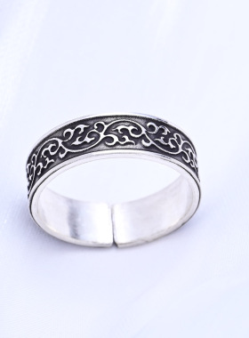 999纯银戒指银指环足银饰品古法唐草卷草纹古典开口男女款可调节