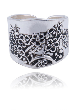 浮雕足银开口宽面古法戒指