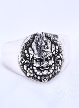 黄财神999纯银戒指指环99足银饰品素银刻花民族风古风文艺伸缩口