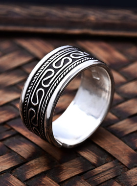 足银纹理民族风饰品古典戒指包邮