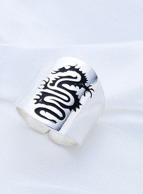 生肖龙宽面足银古法手工饰品戒指