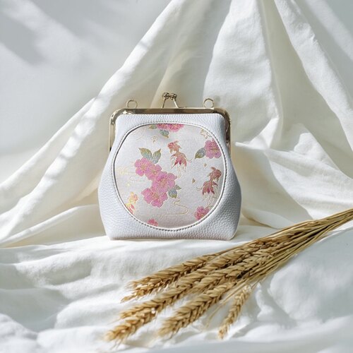 李德喜桃花锦鲤真丝织金宋锦牛皮包包，名家经典白色女包手提包