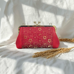 上久楷红色冰裂梅织金宋锦名家气质女包