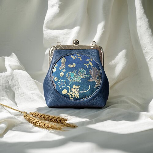 钱小萍金鱼海藻蓝色真丝宋锦牛皮包包，名家经典蓝色女包手提包