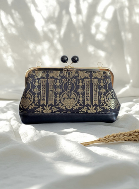 上久楷黑金葫芦灯笼纹锦桑蚕丝宋锦牛皮包包，名家经典黑色手提包