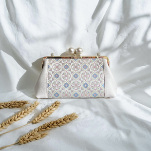 上久楷小花格子纹锦碧玉粉真丝宋锦牛皮包包,非遗名家白色女包