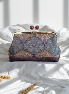 苏地锦羽华章孔雀翎宋锦牛皮包包，新中式名家气质紫红色手提包