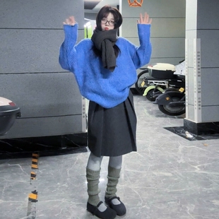 韩系蓝色针织毛衣套装连衣裙子女2025新款秋冬气质宽松一整套穿搭