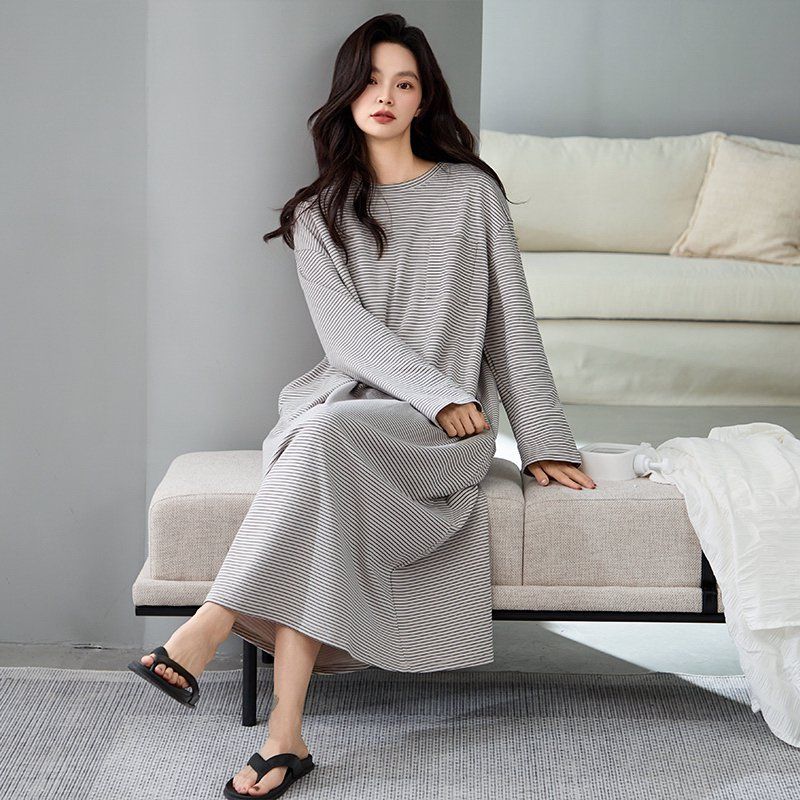 女士睡裙-秋季长袖中长款裙子家居服夏天薄款睡衣裙