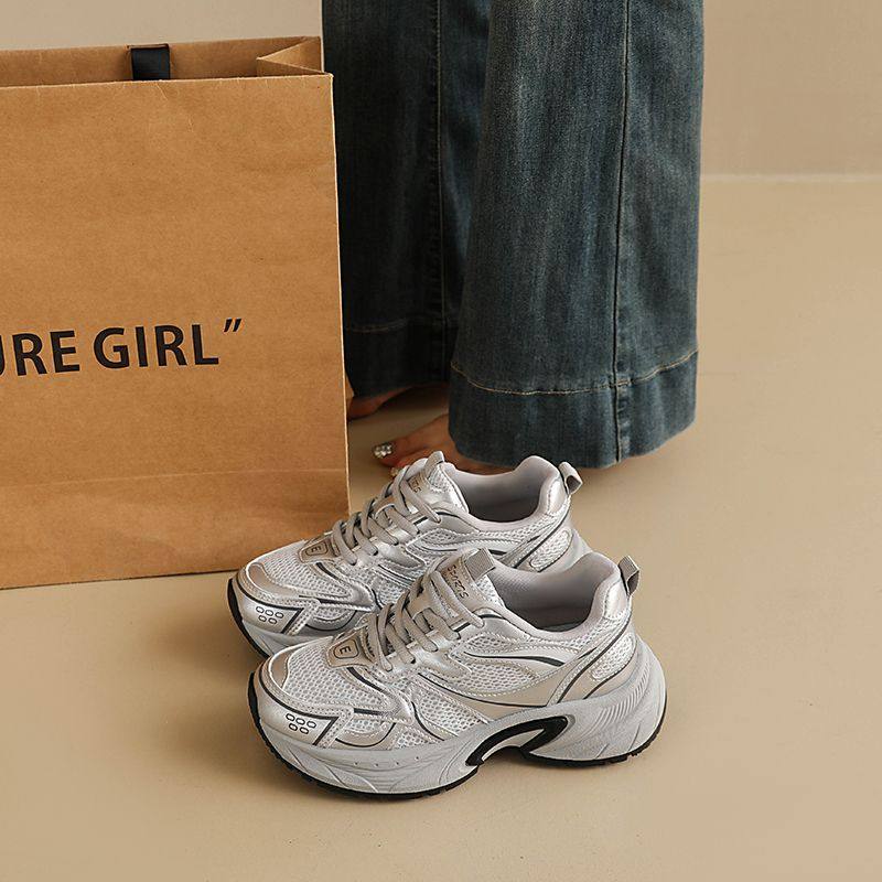 米色低帮厚底时尚青春百搭学院系带港风休闲款网面透气老爹鞋,女鞋,时尚休闲鞋,淘宝优惠券,粉丝福利购,淘宝优惠卷