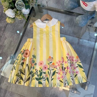 女童连衣裙夏装2025新款小女孩洋气无袖背心裙儿童夏季黄色公主裙