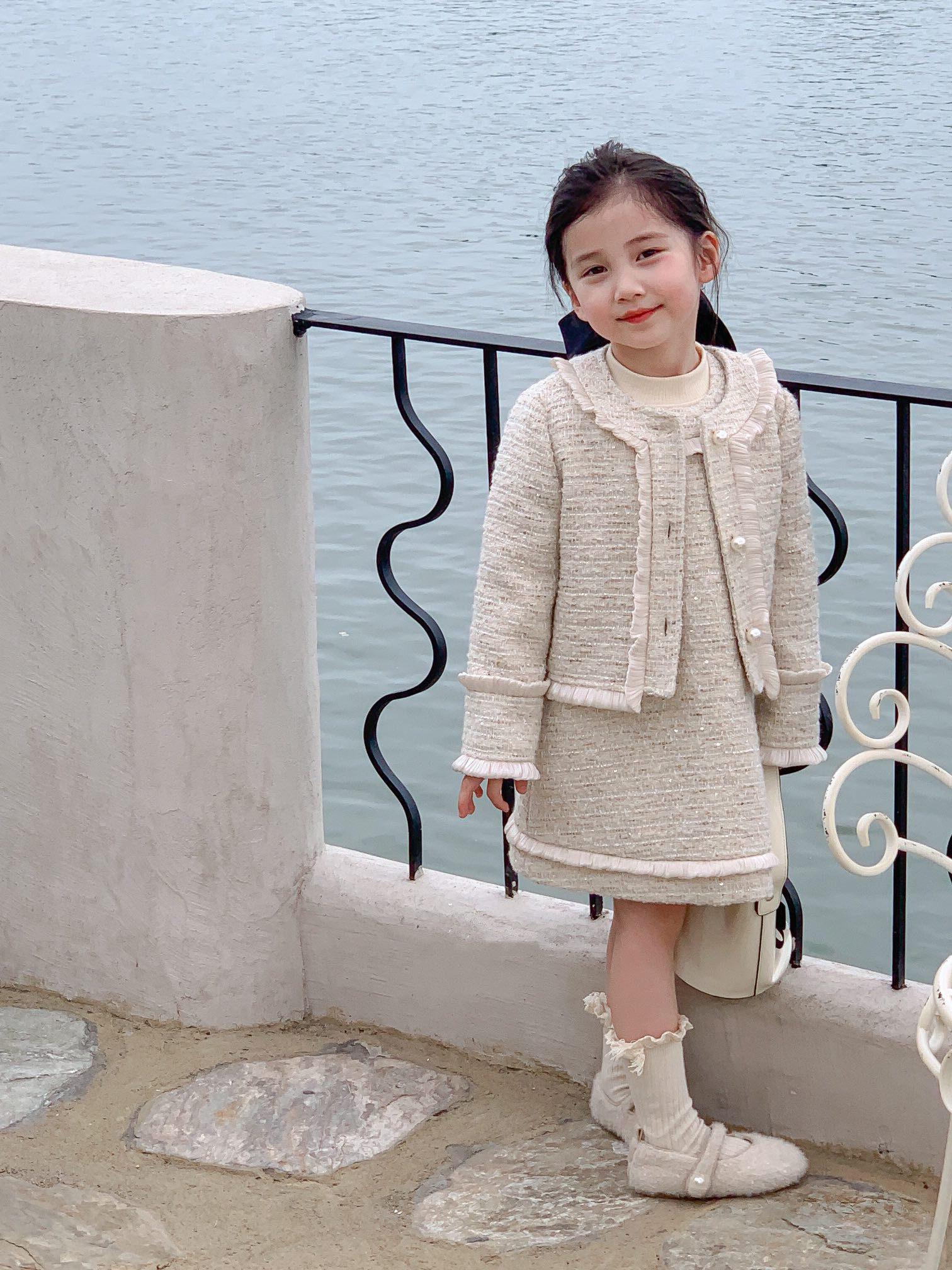 女童小香风套装秋冬新款儿童粗花呢花边精致外套背心裙复古两件套