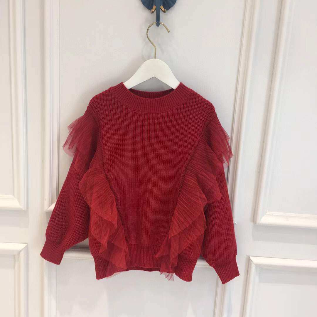 女童秋冬新款毛衣2021韩版女宝冬季蕾丝拼接上衣红色新年洋气毛衫