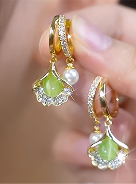 银耳环9999纯银绿色猫眼石银杏叶珍珠耳扣女小众高级感百搭耳饰女