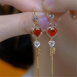 银耳环9999纯银女正品红色爱心同心锁长款流苏耳线轻奢高级感微镶