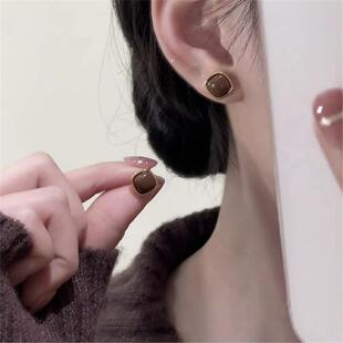 耳环纯银9999正品 气质美拉德色系几何珠子耳钉小众冷淡风深咖色轻
