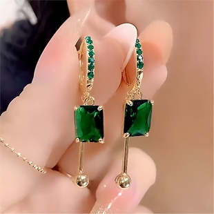 银耳环9999纯银针正品女微镶绿色方形锆石流苏耳扣爆款高级感独特