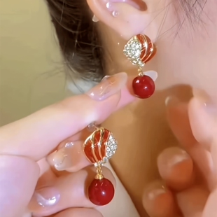 银耳环9999纯银女正品新款红色珠珠耳针轻奢高级感时尚百搭气质简