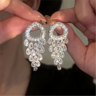 耳环纯银9999正品超闪锆石水滴流苏耳环女轻奢高级感气质长款耳钉