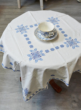 BJ1186 白蓝色（82cm方）棉麻手工十字绣方桌布